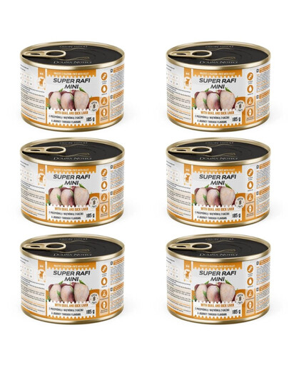 SUPER RAFI Mini z przepiórką i wątróbką z kaczki 6x185g mokra karma dla psów małych ras