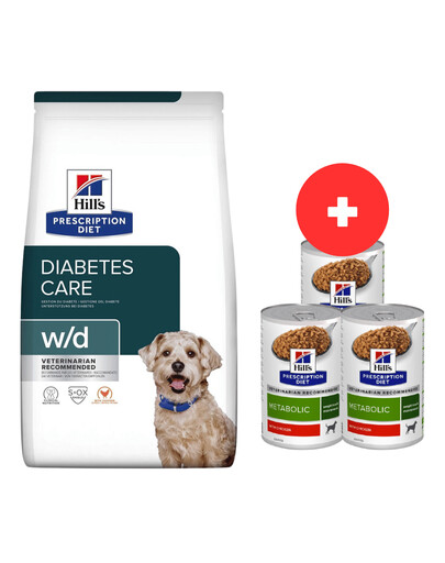 HILL'S Prescription Diet w/d Diabetes Care Chicken Adult 10 kg dla psów ze skłonnością do nawagi / po kastracji + 3 x 370g karmy dla psa GRATIS