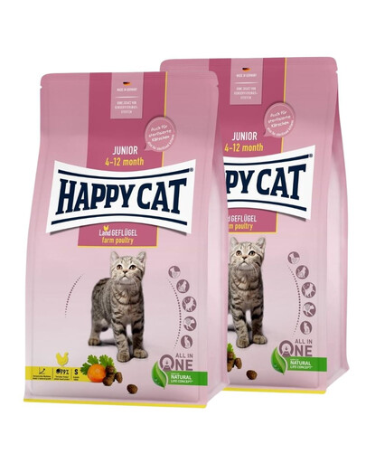 HAPPY CAT Junior Farm Poultry 2x4 kg drób, sucha karma dla kociąt w wieku 4-12 miesięcy