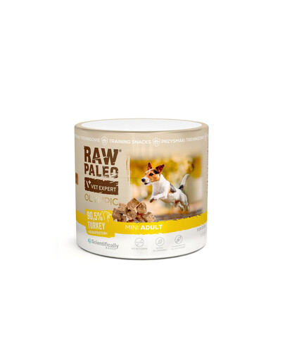 RAW PALEO Olympic Turkey Mini 90g indyk, hipoalergiczny monoproteinowy przysmak treningowy dla psów