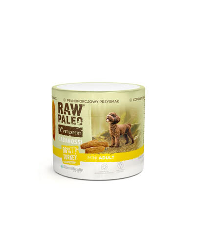 RAW PALEO Cabanossi Turkey Mini 100g indyk, półwilgotna pełnoporcjowa karma w formie kiełbasek dla psów