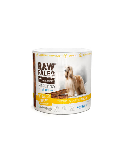 RAW PALEO Vital Pro Skin Coat Turkey Medium Large 100g monoproteinowy przysmak funkcjonalny na skórę i sierść dla psów