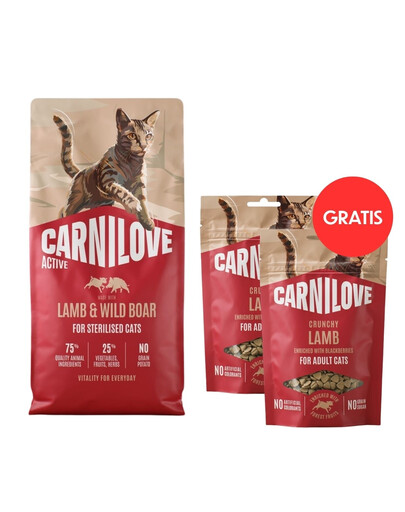 CARNILOVE Active Cat Lamb and Wild Boar Sterilised 6 kg dla kotów sterylizowanych + CARNILOVE Crunchy Snack Cat Lamb 2x50 g GRATIS