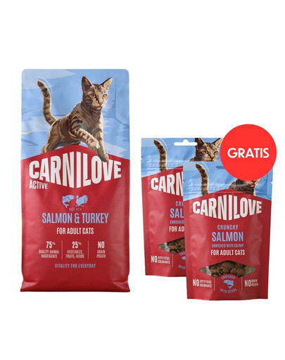 CARNILOVE Active Cat Salmon and Turkey Adult 6 kg łosoś i indyk dla wszystkich kotów + CARNILOVE Crunchy Snack Cat Salmon 2x50 g GRATIS