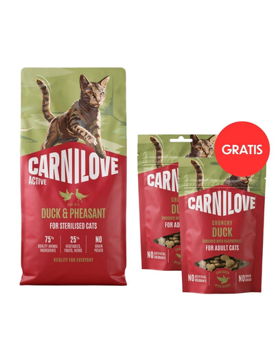CARNILOVE Active Cat Duck and Pheasant Sterilised 6 kg dla kotów sterylizowanych + CARNILOVE Crunchy Snack Cat Duck 2x50 g GRATIS
