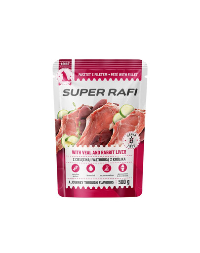 SUPER RAFI z cielęciną i wątróbką z królika dla psa 500 g	mokra karma dla psów