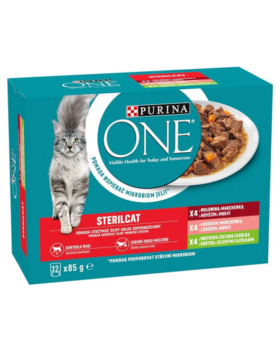 ONE Sterilcat 12x85g z wołowiną i marchewką, z łososiem i marchewką, z indykiem i zieloną fasolką, mokra karma dla kotów po sterylizacji