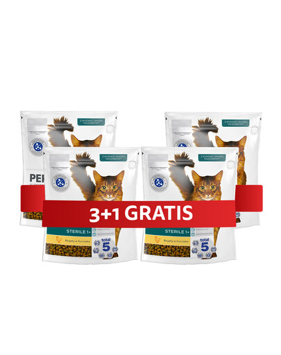 PERFECT FIT Sterile 1+ 4 x 750 g sucha karma pełnoporcjowa dla dorosłych kotów bogata w kurczaka 3+1 GRATIS