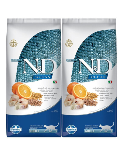 FARMINA N&D Ocean Cat Adult Cod, Spelt, Oats & Orange 2x10 kg