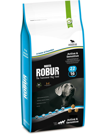 BOZITA Robur active & sensitive 22/16 Pieaugušiem suņiem ar normālu vai paaugstinātu aktivitātes līmeni un jutīgiem suņiem 15 kg