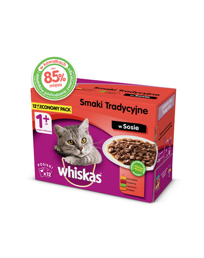 WHISKAS Konservi pieaugušajiem 12x100g Tradicionālās garšas - mitrā kaķu barība mērcē (vistas, liellopu, jēra, mājputnu)