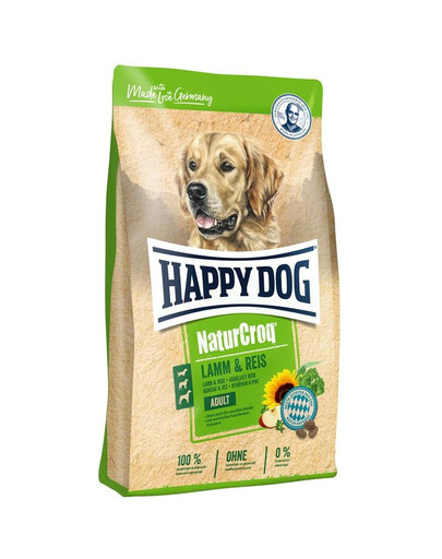 HAPPY DOG NaturCroq Adult sausā barība ar jēra gaļu un rīsiem 15 kg + 3 kg DĀVANĀ