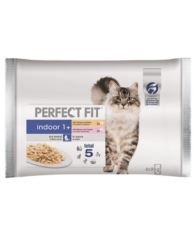 PERFECT FIT Indoor 1+ Šlapio kačių maisto konservai vištiena ir lašiša 4 * 85 g