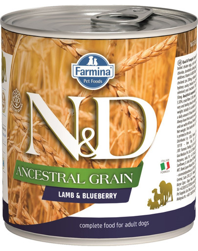 FARMINA N&D Dog Ancestral Grain Lamb & Blueberry konservi 285 g