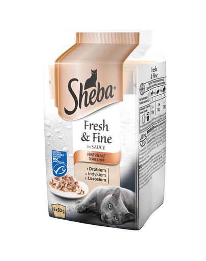 SHEBA paciņās 6x50g Fresh & Fine - mitrā kaķu barība mērcē (ar mājputnu gaļu, tītaru, lasi)
