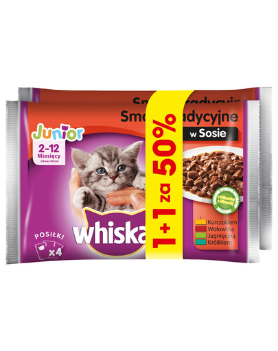WHISKAS Junior saszetka 4x100g WHISKAS Adult Troškinis 4x85g Tradiciniai skoniai - šlapias kačių maistas želėje (su vištiena, su jautiena, su aviena, su paukštiena) 1 + 1 paketėlis 50 proc.