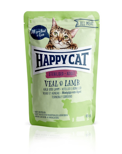 HAPPY CAT All Meat Adult Sterilised Kalb & Lamm 85 g jēra un teļa gaļa