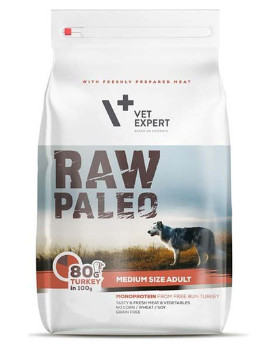 VETEXPERT RAW PALEO Adult Medium turkey 10 kg, pieaugušiem vidējas šķirnes suņiem, ar tītara gaļu