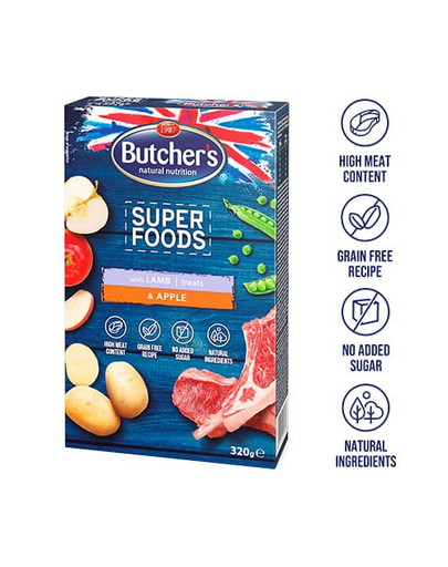 BUTCHER'S Superfoods Treats Kārumi 25/5000 ar jēra gaļu un āboliem 320 g