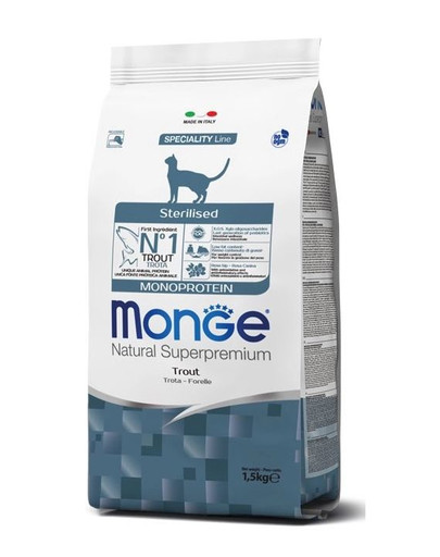 MONGE Monoprotein Cat Sterilised kaķiem ar foreli 400g