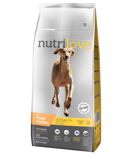 NUTRILOVE Premium Active suņiem ar svaigu vistas gaļu 12 kg