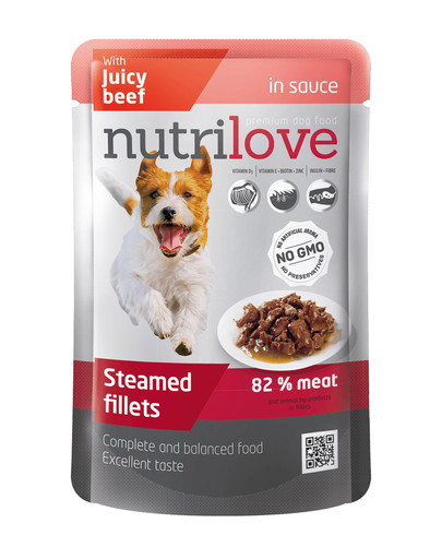 NUTRILOVE Premium gaļas gabaliņi mērcē ar liellopa gaļu suņiem 85g
