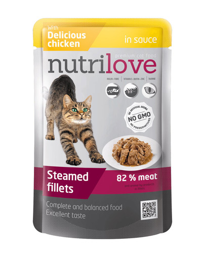 NUTRILOVE Premium mėsos gabaliukai su vištiena padaže katei 85g