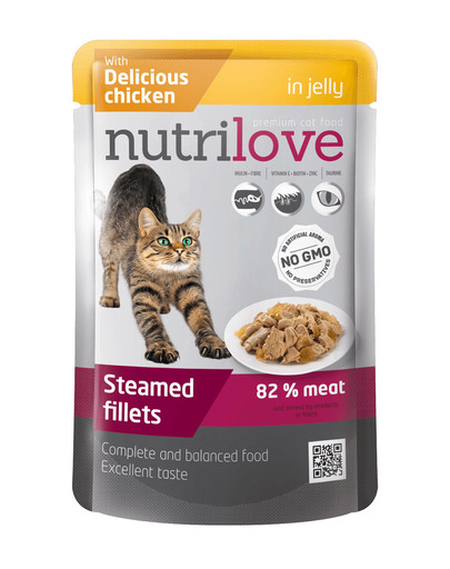 NUTRILOVE Premium klases gaļas gabaliņi mērcē ar vistas gaļu kaķiem 85g