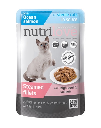 NUTRILOVE Premium gaļas gabaliņi ar lasi mērcē sterilizētiem kaķiem 85g