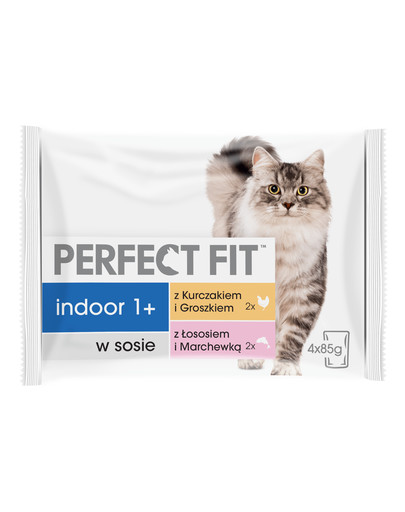 PERFECT FIT Indoor konservai 24 x 85g -šlapias kačių maistas padaže (su vištiena ir žirneliais, su lašiša ir morkomis)