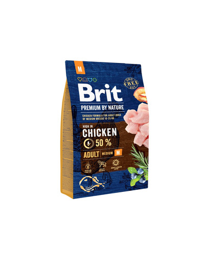 BRIT Premium By Nature Adult Medium M 3 kg + 6 x 800 g BRIT mitrā barība ar vistas gaļu un sirdīm