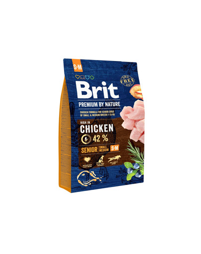 BRIT Premium By Nature Senior mazo un vidējo suņu sugas S+M 3 kg + 6 x 800 g BRIT vistas gaļas un sirds,  mitra barība