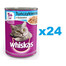 WHISKAS Adult konservu kārba 24x400 g - mitra pilnvērtīga barība pieaugušiem kaķiem, gabaliņi ar tunci želejā
