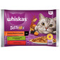 WHISKAS pieaugušo kaķu barība 4 x 85 g Countryside Flavours Collection mitrā kaķu barība mērces gabaliņos ar jēra gaļu, vistu un burkāniem, liellopu gaļu un mājputnu gaļu.