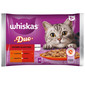 WHISKAS pieaugušajiem 4 x 85 g komplekti Klasiskā kaķu barība želejas gabaliņos ar liellopu un mājputnu gaļu, jēra gaļu un pīli.
